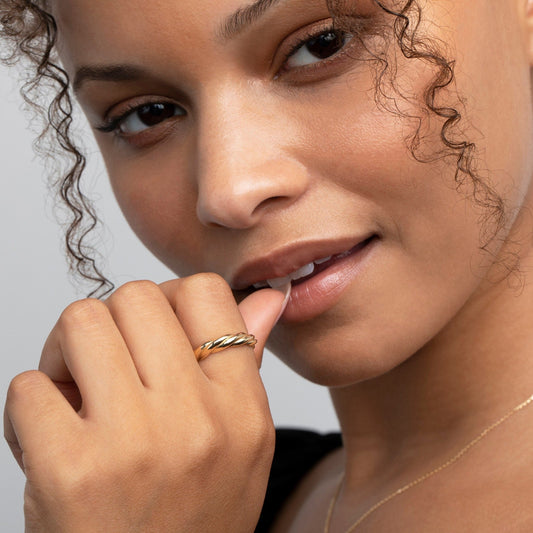 Close detail of the Twisted Rope Stackable Ring in 18K Gold Vermeil. Hypoallergenic, no green marks, premium handmade.