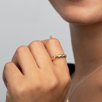 The Twisted Rope Stackable Ring styled in 18K Gold Vermeil — elegant everyday jewelry. Tarnish-resistant.