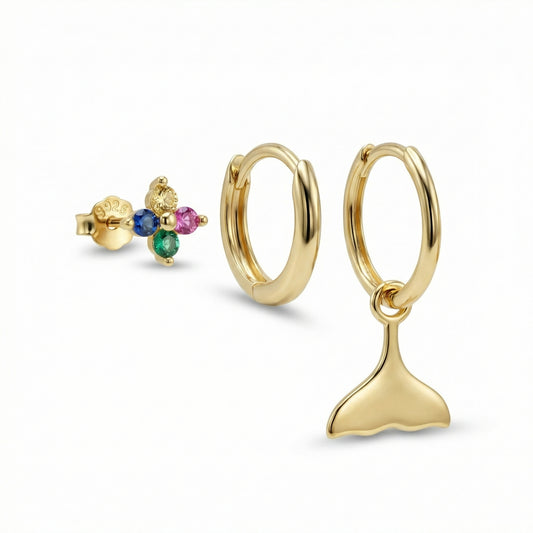 Whale Tail Rainbow Stud Combo Earring Set in 18K Gold Vermeil with CZ Diamond. No green marks, perfect for daily wear.