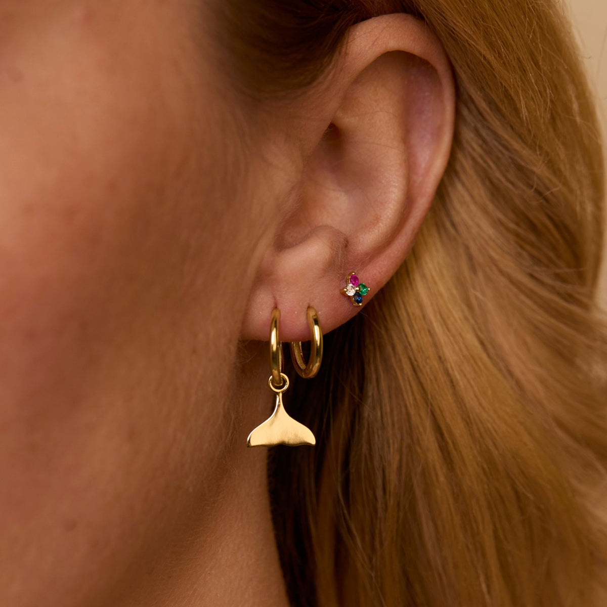 Whale Tail Rainbow Stud Combo Earring Set in Glamour Jewelry House gift box — 18K Gold Vermeil graduation gift. No green.