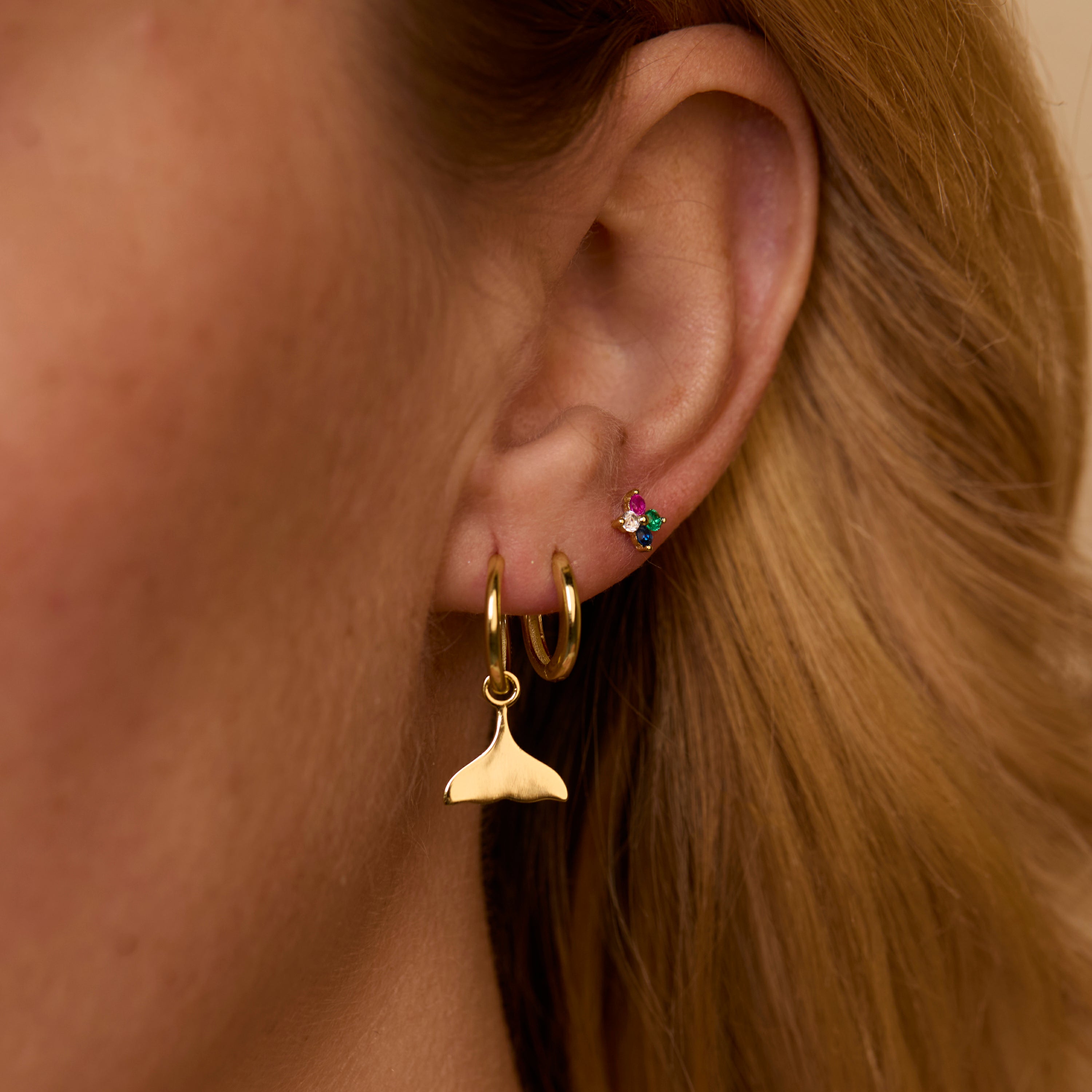 Whale Tail Rainbow Stud Combo Earring Set in Glamour Jewelry House gift box — 18K Gold Vermeil graduation gift. No green.