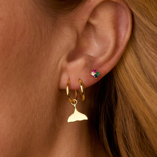 Close detail of the Whale Tail Rainbow Stud Combo Earring Set in 18K Gold Vermeil with CZ Diamond. Tarnish-resistant.