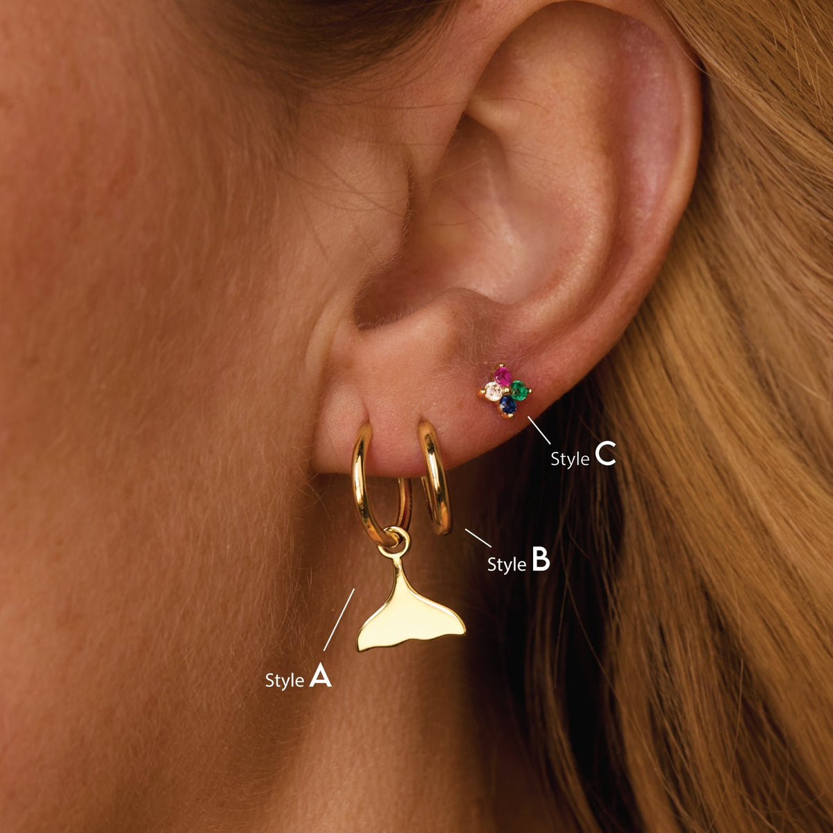The Whale Tail Rainbow Stud Combo Earring Set worn in 18K Gold Vermeil — refined accessory for women. Tarnish-resistant.