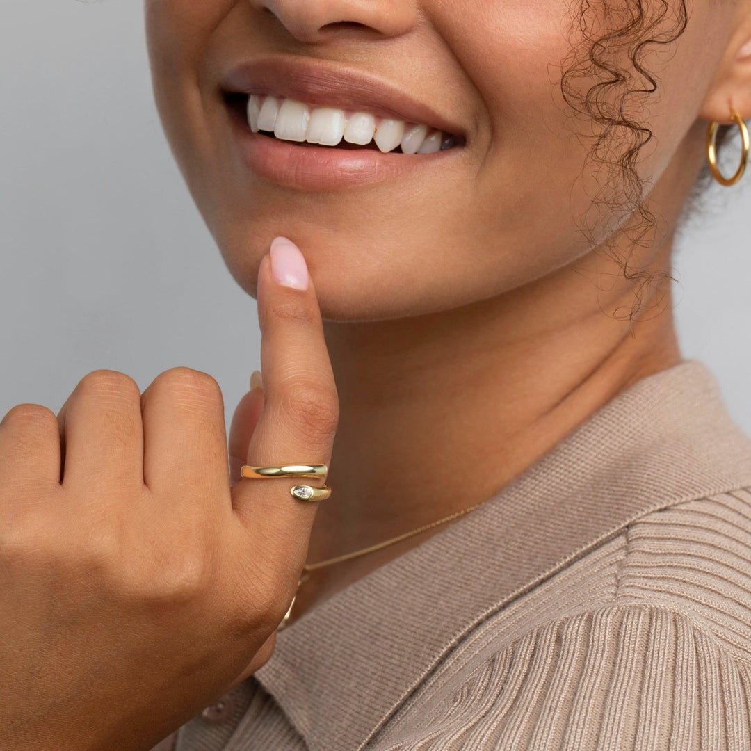 Close detail of the Wrap Around Ring in 18K Gold Vermeil. Hypoallergenic, no green marks, premium handmade jewelry.