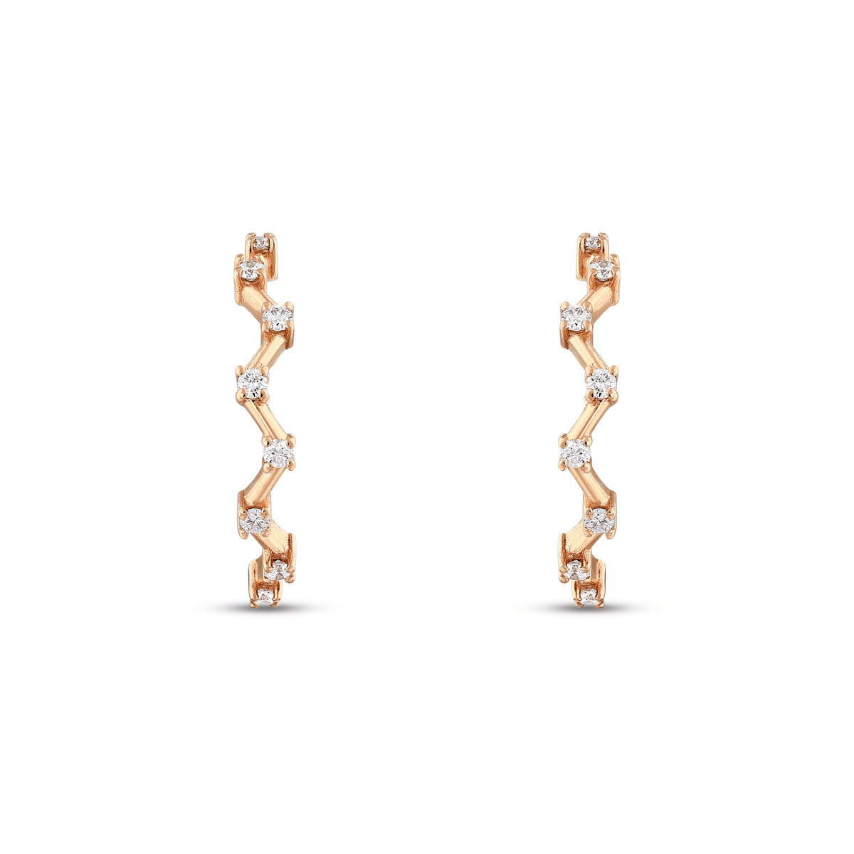 Pair of natural diamond zigzag hoop earrings in 14K rose gold, front view